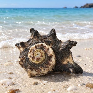 May include: A dark brown and cream-coloured sea shell with a spiral centre and multiple pointed protrusions. The shell features a textured, rugged surface with a distinct coiled opening, resting on a sandy beach near the ocean shoreline.