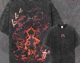 Rage Mode Hunter Anime Shirt, Adult Gon Graphic Tee, Washed Black Manga T-Shirt, Dark Aura Streetwear Fan Gift