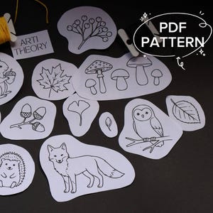Broderiöverföringsmönster för höstskog, vattenlösligt Stick and Stitch-kit med höstskogsdjur