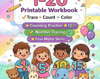 Caderno de Atividades Montessori com Números de 1 a 20 para Crianças | Folhas de Atividades de Contagem e Traçado | Matemática para Educação Infantil | Atividade para Educação Domiciliar em PDF