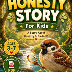Op de afbeelding: Kinderboekcover "Honesty Story For Kids". De afbeelding toont een vogel die een gouden ring vasthoudt, tegen een achtergrond van een rivier en bos. Het boek is voor kinderen van 3-7 jaar en is beschikbaar als een printbare PDF.