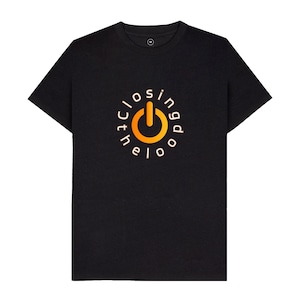 May include: Black crew neck t-shirt with a circular design featuring an orange power button graphic and the words "closing the loop" in white. The shirt is made of a soft material.