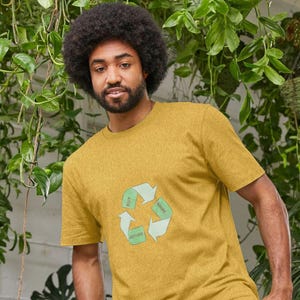 Może przedstawiać: Musztardowa koszulka z zielonym symbolem recyklingu. Symbol zawiera słowa "BUY", "WARE" i "RETURN" w strzałkach. Koszulka z krótkim rękawem jest noszona przez osobę na tle zielonych roślin.