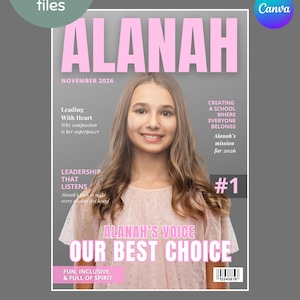 May include: Magazine cover design featuring the name "ALANAH" in large pink letters. The cover includes a photo of a smiling young person, with text such as "November 2026" and "Our Best Choice."