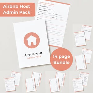 May include: An "Airbnb Host Admin Pack" with a white cover featuring a peach-colored house icon and text. The pack includes a "Property Overview" form and a "14 page bundle" of documents. The documents are on a white background.