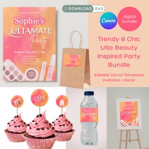 May include: Image promoting a beauty party, featuring an invitation, gift bag, cupcakes, water bottle, and a sign. All items are branded with the party's name and theme. The color scheme is pink and orange, with the text in the image.