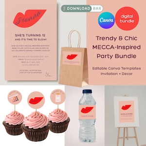 Pode incluir: Um pacote de festa com tema Mecca. Inclui modelos de convites e decoração, toppers de cupcake, um rótulo de garrafa de água e uma placa de boas-vindas. O design apresenta um logotipo de lábios vermelhos e o nome "Sienna".