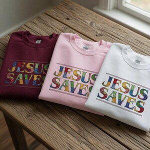 Jesus Saves Patchwork Quilt design Crewneck Sweatshirt | Rainbow Lettering Christian Faith Yeehaw Meemah Style Mom Grandma Sister