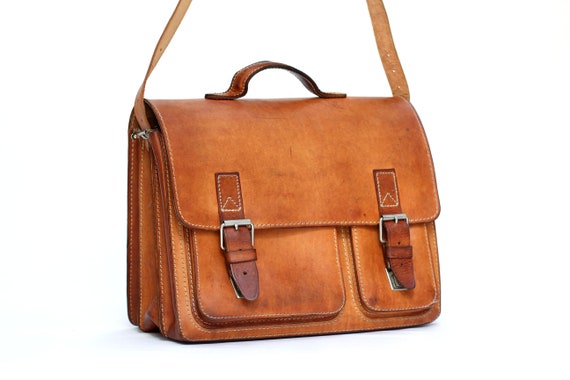 Messenger bag cognac leather briefcase URANUS