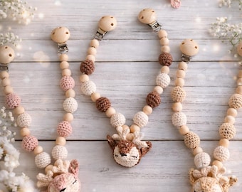 Conjunto de cadena de ganchillo con forma de ciervo para cochecito, guirnalda de cuentas de madera neutras para cochecito, cadena para cochecito infantil, decoración para baby shower