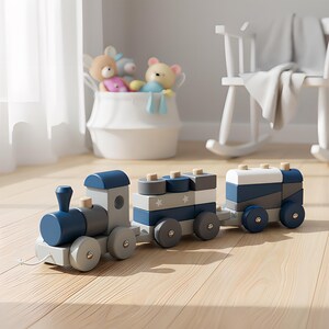 May include: A wooden toy train set in shades of blue, gray, and white. The train has a locomotive and two cars with geometric shapes and star details. The set is designed for children and sits on a wooden floor.