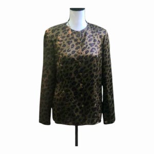Vintage Olive Leopard Print Silk Button Up Blouse