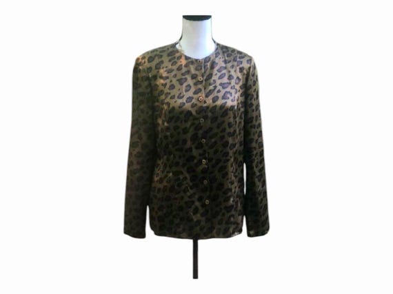 Vintage Olive Leopard Print Silk Button Up Blouse - image 1