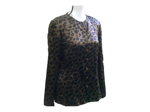 Vintage Olive Leopard Print Silk Button Up Blouse - image 2