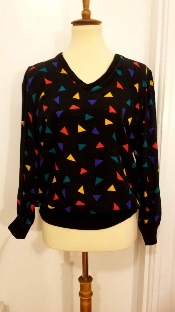 100% Silk 80s Geo Print Party Blouse - image 2