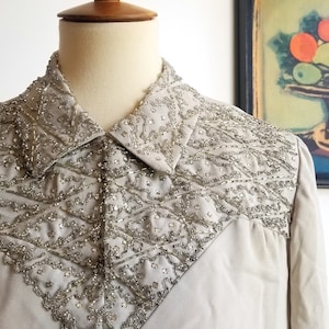 Gorgeous Hand Made 60s 70s Light Gray Beaded Shift Dress