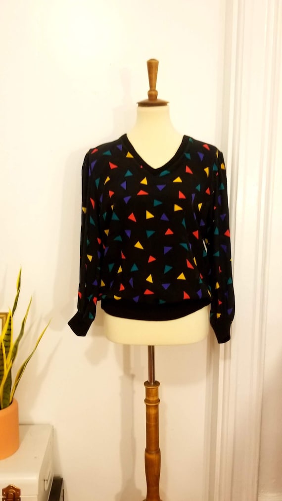 100% Silk 80s Geo Print Party Blouse - image 1