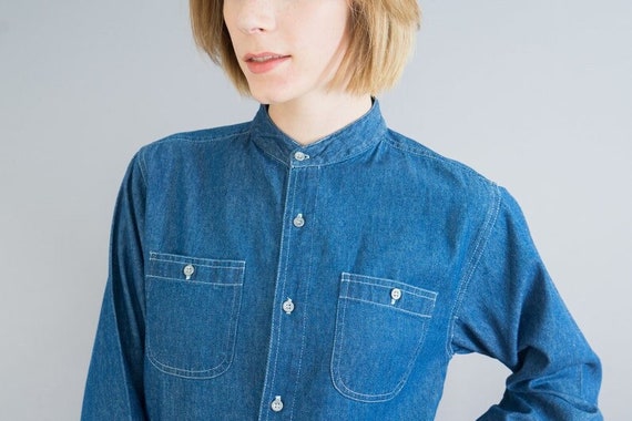 Vintage Denim High Neck Banded Collar Button Down - image 1