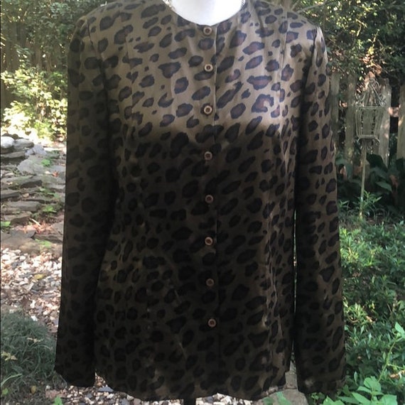 Vintage Olive Leopard Print Silk Button Up Blouse - image 2