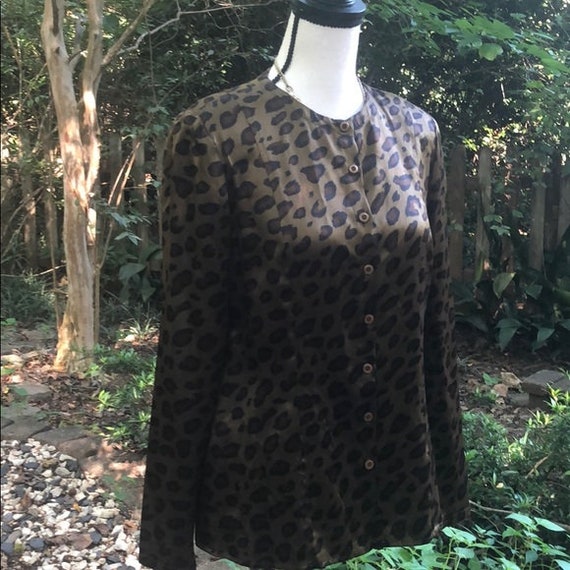 Vintage Olive Leopard Print Silk Button Up Blouse - image 3