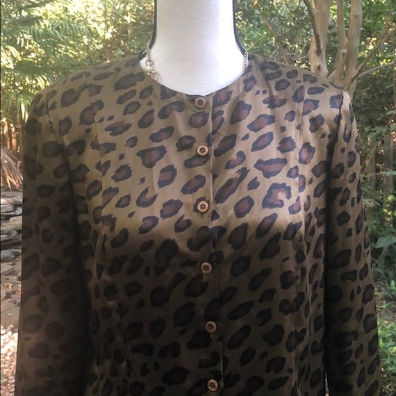 Vintage Olive Leopard Print Silk Button Up Blouse - image 1