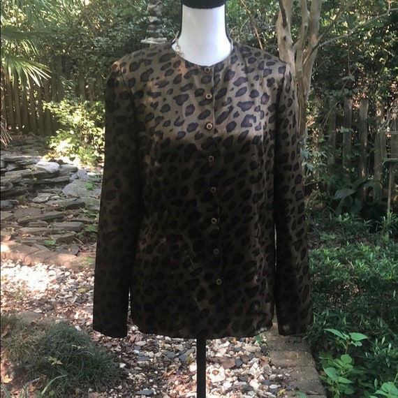 Vintage Olive Leopard Print Silk Button Up Blouse - image 8