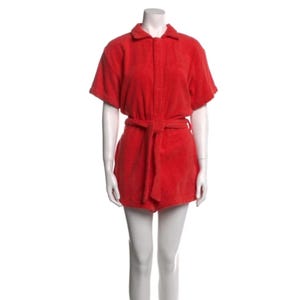 Beachy rode badstof romper met korte mouwen met riem