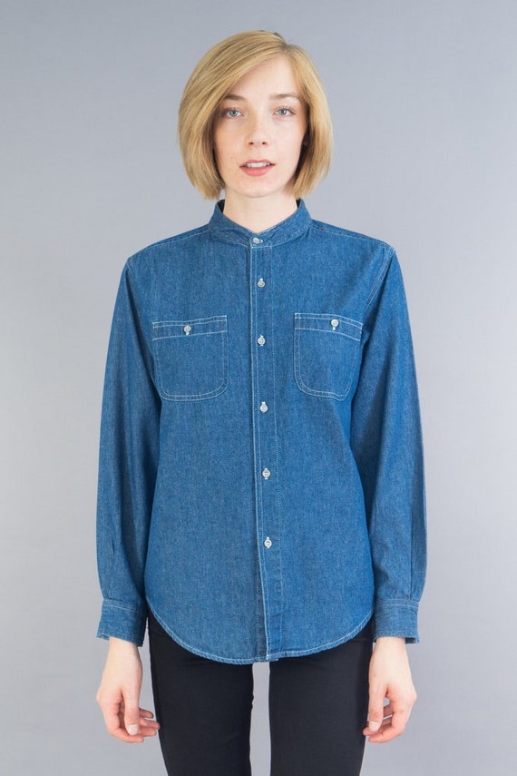 Vintage Denim High Neck Banded Collar Button Down - image 4