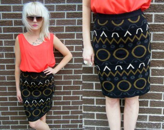 Odwracalna, geometryczna spódnica bodycon mod stretch w stylu vintage