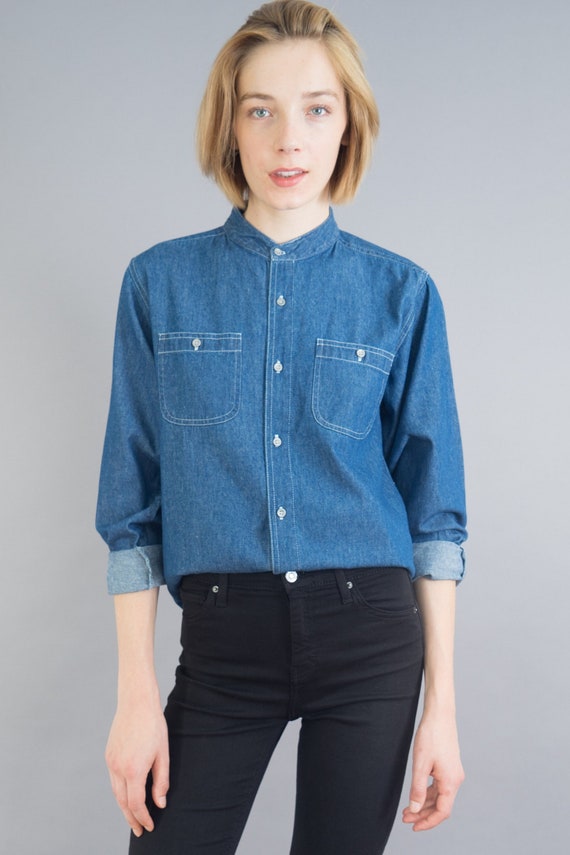 Vintage Denim High Neck Banded Collar Button Down - image 2