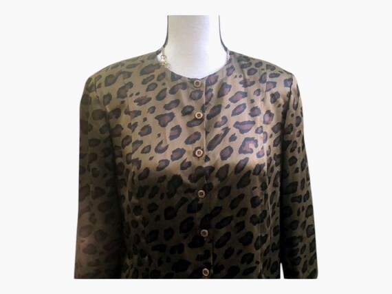 Vintage Olive Leopard Print Silk Button Up Blouse - image 3