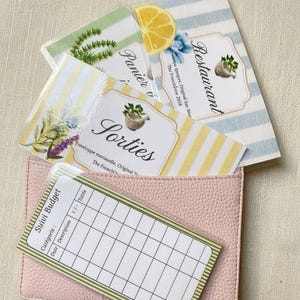 May include: A light pink textured wallet containing several rectangular cards with various designs. The cards feature labels such as Suivi Budget, Sorties, and Restaurant, along with illustrations of lemons, herbs, and a mortar and pestle.