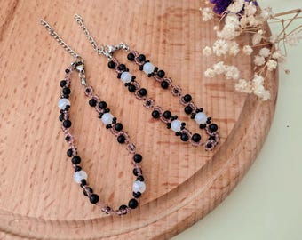 Matte Black & Opalite Beaded Bracelet, Minimalist Gemstone Bracelet, Dark Jewelry