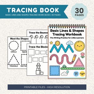 Może przedstawiać: Spiralnie oprawiony zeszyt do rysowania o tytule "Basic Lines & Shapes Tracing Workbook". Okładka zawiera kolorowe ilustracje kształtów i linii. Zeszyt zawiera 30 stron i jest przeznaczony do ćwiczeń przed pisaniem dla dzieci w wieku 2-4 lat. Widoczny jest również tekst "PDF do wydruku".