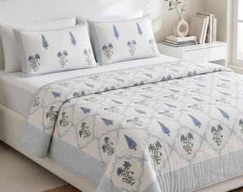 Blue Floral Handblock Print Cotton Comforter Set | King Size Indian Bedding Quilt