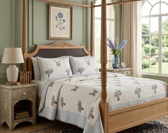 King Size Cotton Comforter Set | Handmade Indian Block Print Quilt, Floral Bedding
