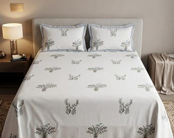 Hand Block Print King Size Bedsheet | Floral Cotton Bedding Set, Minimalist Elegance