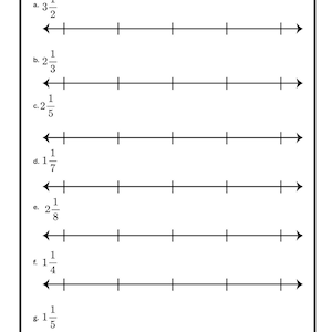 May include: A black and white worksheet titled "Fractions Worksheet" with instructions to represent mixed fractions on a number line. The worksheet includes several number lines with fractions like 3 1/2, 2 1/3, and 2 1/5.