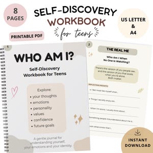 Può includere: Un quaderno di lavoro di auto-scoperta per adolescenti, intitolato "WHO AM I?" con rilegatura a spirale. La copertina include suggerimenti per esplorare pensieri, emozioni, personalità, valori, fiducia e obiettivi futuri. Disponibile nei formati US Letter e A4.