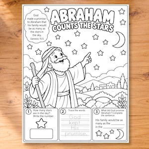 Puede incluir: Una página para colorear en blanco y negro titulada ABRAHAM COUNTS THE STARS. Muestra a una figura barbuda con túnicas y un bastón, señalando un cielo nocturno con estrellas y una luna creciente. Debajo hay tres actividades educativas.
