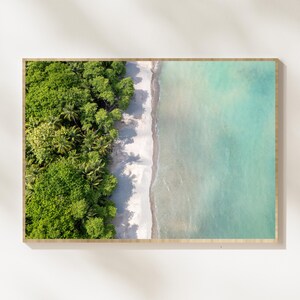 May include: Aerial view photograph of a tropical beach scene. The image features a vibrant green forest meeting a white sandy beach, with clear turquoise water. The photograph is framed in a light-colored wooden frame, creating a serene and natural aesthetic.