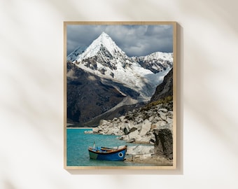 Mountain Lake Boat Photography, Andes Landscape Print, Turquoise Glacier Lake Wall Art, Peru Mountain Photography, Nature Landscape Download