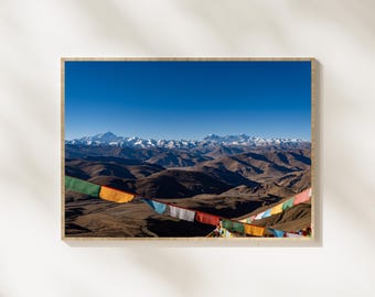 Himalayan Mountain Wall Art, Tibet Prayer Flags Photography, Everest Panorama Print, Himalayan Landscape, Travel Wall Decor, Snow Mountain