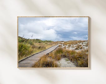 New Zealand Sand Dunes Boardwalk, Coastal Landscape Photography, Scenic Path Nature Print, Minimalist Travel Wall Art