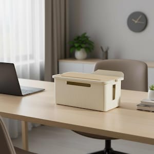 Könnte beinhalten: Eine beige Aufbewahrungsbox mit hellbraunem Deckel steht auf einem hellen Holzschreibtisch. Die Box hat vertikale Rippendetails und eine rechteckige Öffnung an der Vorderseite. Ein Laptop ist links zu sehen.