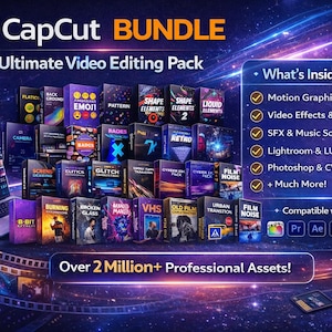 May include: A promotional image for a CapCut BUNDLE, an Ultimate Video Editing Pack. The image features a laptop displaying video editing software, surrounded by numerous software boxes. Text includes "What's Inside" and "Over 2 Million+ Professional Assets!"