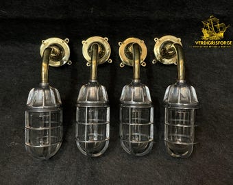 Rustic Maritime Bulkhead Cage Lamp 4 PCS Handmade Brass Pipe Coastal Loft Wall Sconce