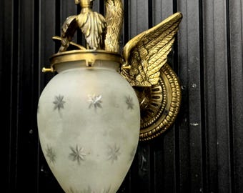 Vintage Art Deco Swan Wall Sconce, Antique Brass Bird Lamp, Frosted Glass Shade Lighting