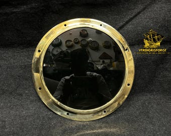 Unique Nautical Brass Mirror 14”, Ship Porthole Window Decor, Black Glass Round Industrial Style