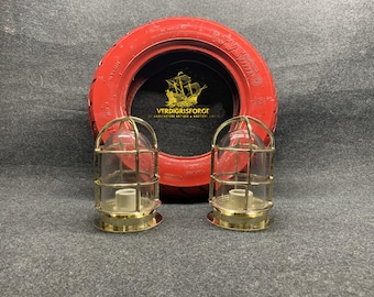 Pair Antique Brass Nautical Bulkhead Light, Marine Ship Wall Fixture, Industrial Cage Ceiling Lamp